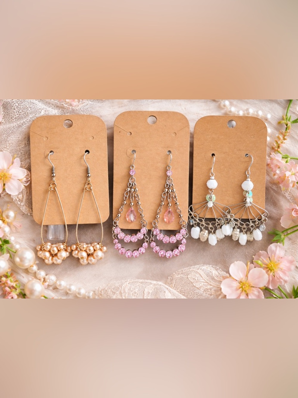 Stunning Jewelry Trio: Pink Rhinestones, Faux Pearls & Boho Chandelier Earrings